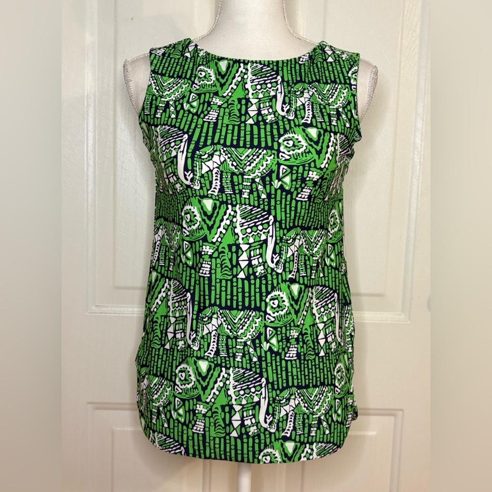 Jude Connally Green and White Elephant Print Tank Top size XS made in USA